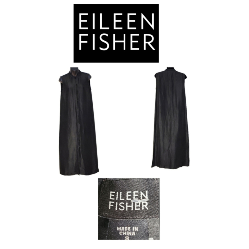 EILEEN FISHER SLEEVELESS BLACK ORIENTAL STYLE FRONT BUTTON MAXI DRESS SIZE S